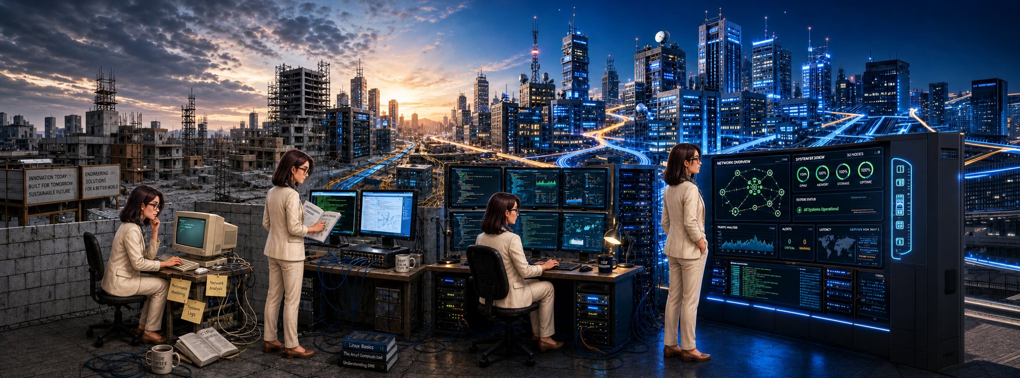 Le parcours innovLia en une image : d'un vieil ordinateur dans une ville en chantier jusqu'a un centre de supervision face a une metropole connectee.
